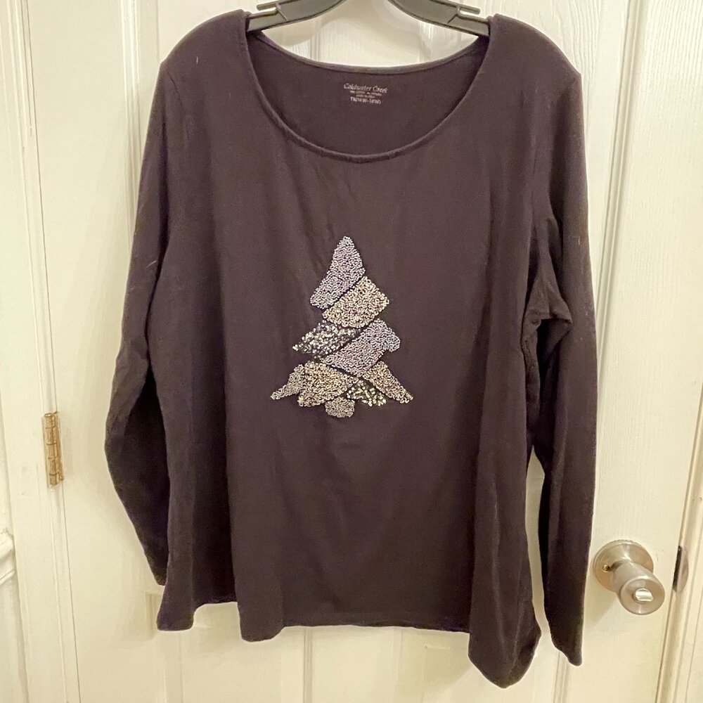 Coldwater Creek Embellished Christmas Tree Long Sleeve Black Tee sz `1X 16W 18W
